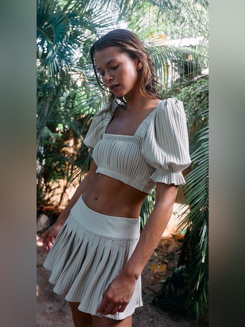 Free People Montce beige rib puff sleeve top